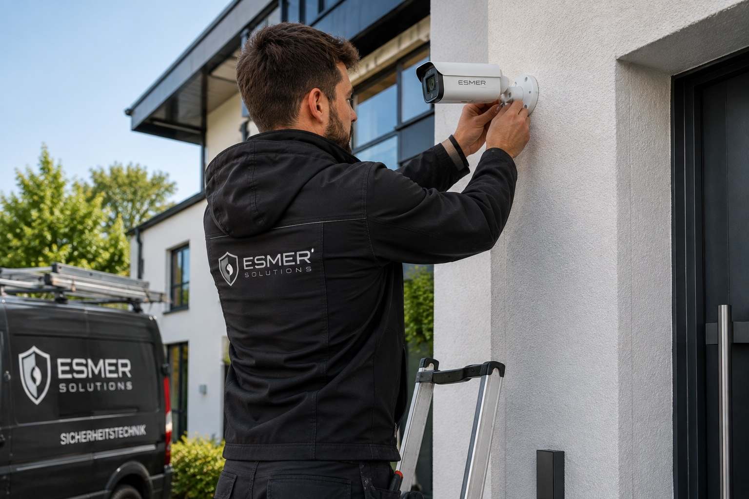 Techniker von Esmer Solutions montiert eine Überwachungskamera an der Fassade eines Wohnhauses
