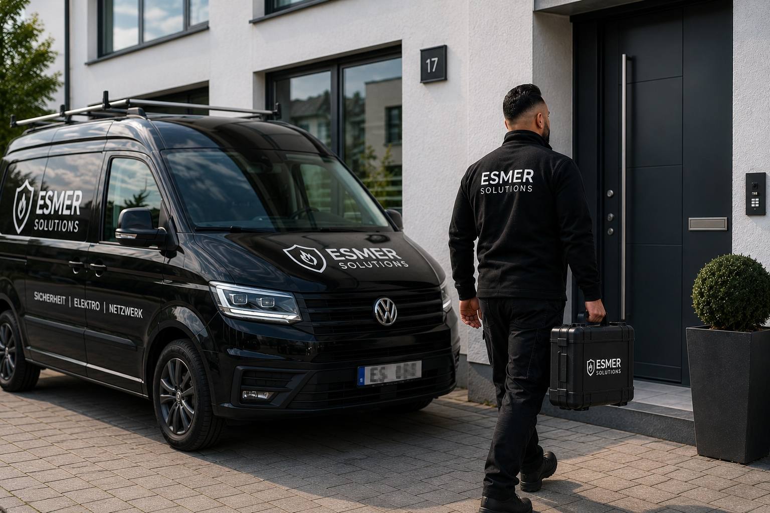 Techniker kommt mit Werkzeugkoffer an ein Wohnhaus, davor das Firmenfahrzeug in der Einfahrt