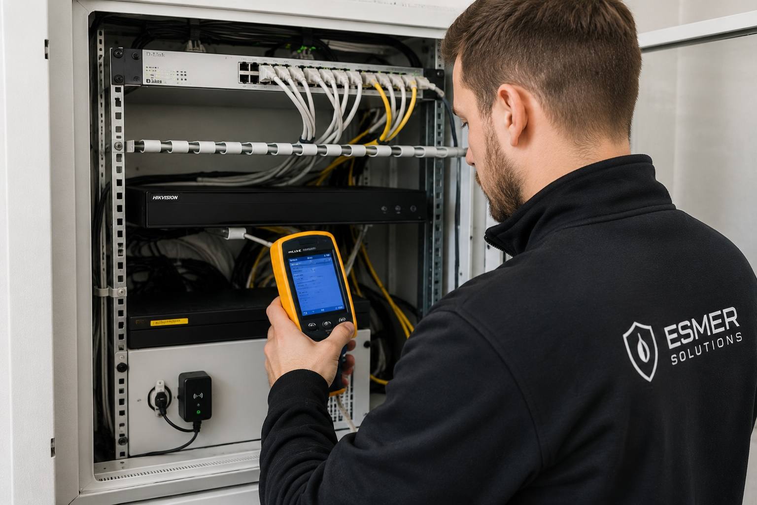 Techniker prüft mit einem Messgerät den Technikschrank einer Videoüberwachungsanlage